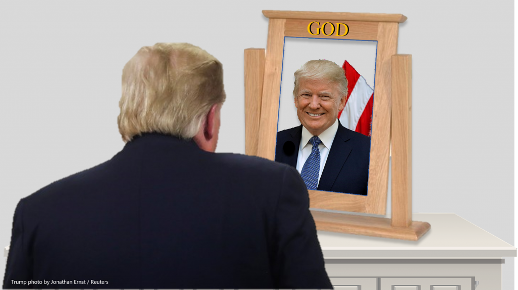 The Czar Talks to God. Trump looking at his own reflection.