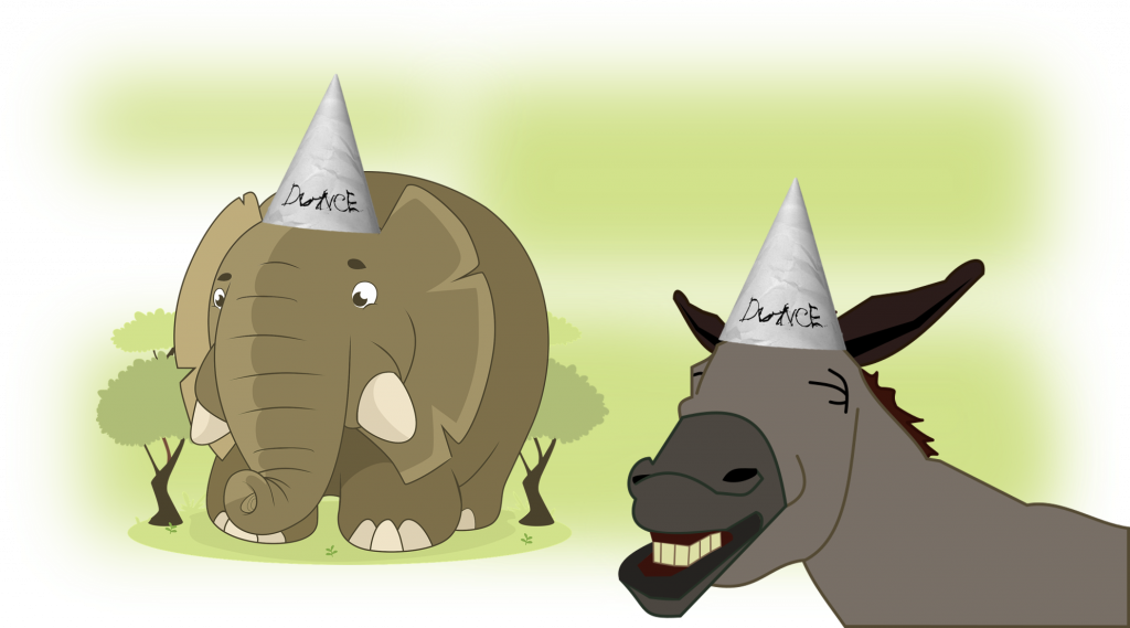 Cartoon elephant and donkey. Each of them is wearing a dunce cap.