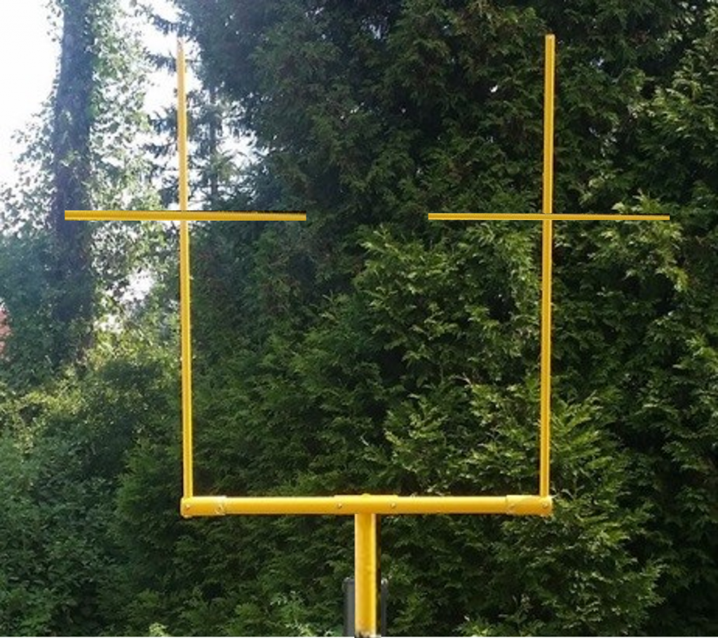 Photo of a football goalpost, modified to resemble two crucifixes.